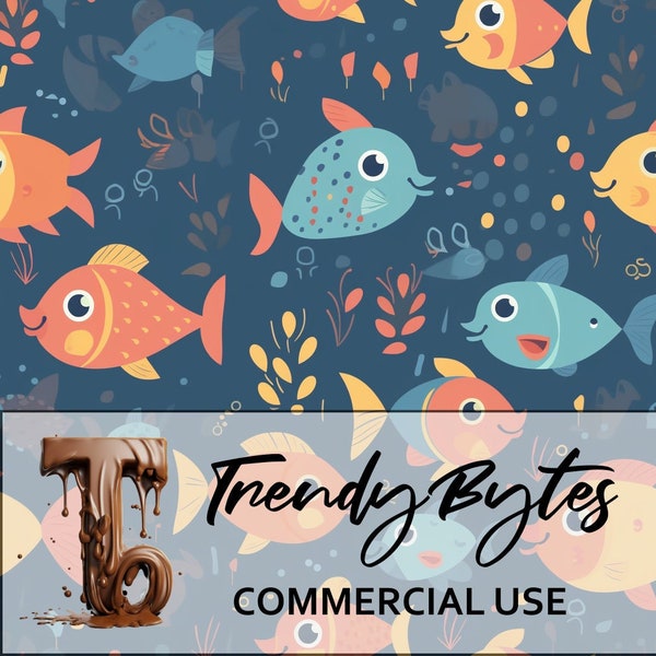 Cute Fish Seamless Pattern- Vintage Digital Repeating Background for Commercial Use, Ocean, Cute, Fish Pattern, Digital Download, Animals