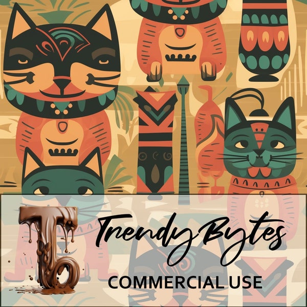 Polynesian Tiki Cats Seamless Pattern - Exotic & Playful Feline Design for Commercial Use, Tropical Home Decor and Whimsical DIY Projects