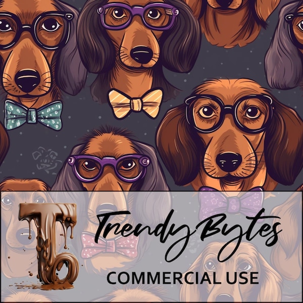 Dapper Dachshunds - Distinguished Pups in Glasses & Bowties Seamless Pattern-  Digital Repeating Background for Commercial Use, Digital, Dog