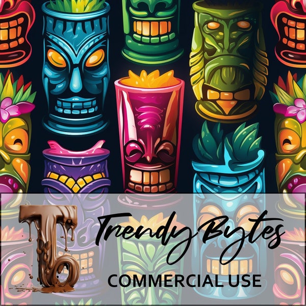 Vibrant Vintage Tiki Drinks - Colorful Tiki Drink Seamless Repeating Pattern - Digital, For Commercial Use, Tropical, Tiki Bar, Retro, Cute