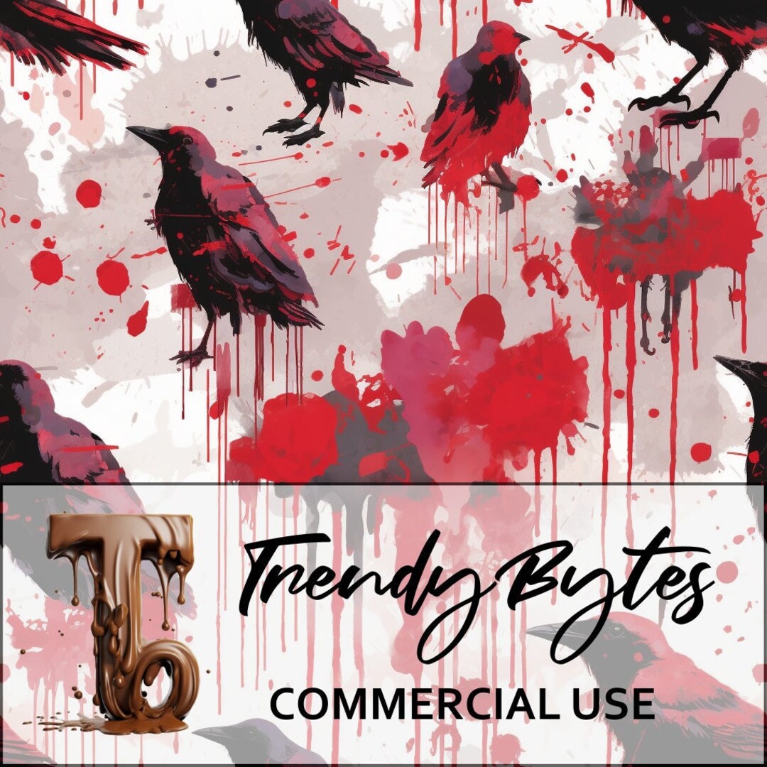 Crows and Bloodsplatter Seamless Pattern Dark Digital Repeating Background for Commercial Use 