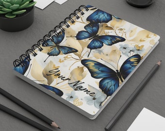 Personalized Blue and Gold Butterflies Spiral Bound Notebook 5X7 inches, Personalized Butterfly Journal, Butterflies Notebook,