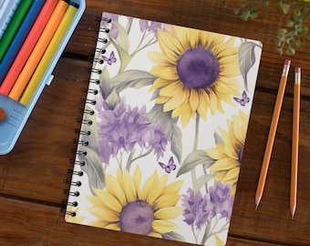 Sunflowers and Lavender Spiral Bound Notebook, Spiral 5x7 Journal, Summer Notebook, Vacation Journal, Gift for Teacher, Gift for Mom, Gift