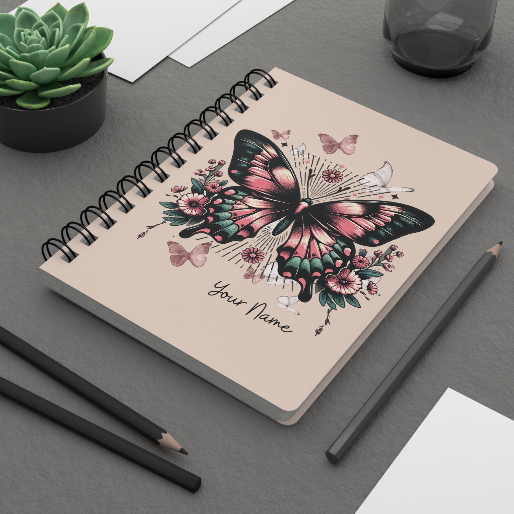 Personalized Mauve and Green Butterfly Spiral Bound Notebook, Butterfly Journal, Glossy Butterfly Personalized Notebook, Gift for He
