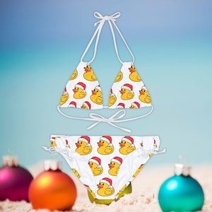 Santa Rubber Duck Print Strappy Bikini Set, Fun Swimwear for Holiday Pool Party, Spa Day, Beach Vacation, Gift for Her