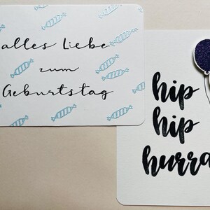Karten "hip hip hurra" und "alles Liebe"