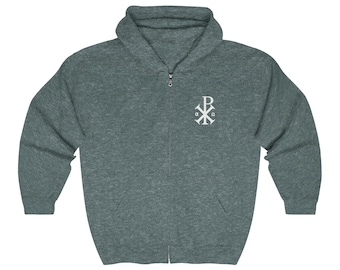 Catholic Zip Hoodie | Front- Chi Rho | Back- Unam Sanctam Catholicam et Apostolicam Ecclesiam | Unisex Heavy Blend FullZip Hooded Sweatshirt