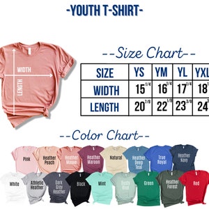 May include: Youth t-shirt size chart with measurements in inches for width and length. The chart shows sizes YS, YM, YL, and YXL. A color chart shows 16 different t-shirt colors, including pink, heather peach, heather mauve, heather maroon, natural, heather deep teal, true royal, heather navy, white, athletic heather, dark grey heather, black, mint, dusty blue, green, heather forest, and red.