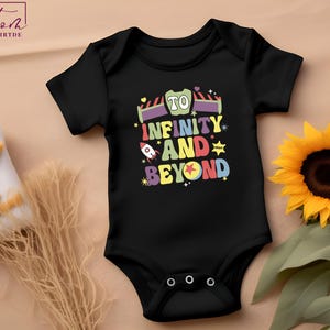 To Infinity and Beyond Baby Onesie – Colorful Toy Story Inspired Bodysuit for Boys or Girls, Soft Cotton Infant Outfit Gift Idea, Disney Tee