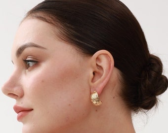 Brushed Bottega Earrings 18K Gold • Brushed Texture Drop Earrings • Thin Gold Hoops • Dupe Earrings