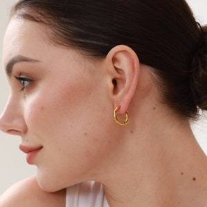 Hammered Hoop Earrings 18K Gold Hexagon Huggie Earrings Gold Huggie Earrings Vintage Earrings Tiny Gold Hoops image 1