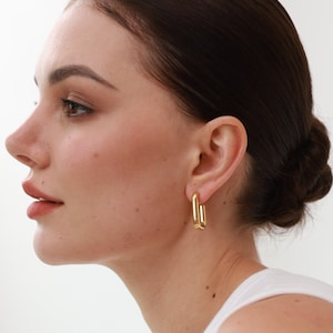 Large Rectangle Hoops 18K Gold Chunky Gold Hoops Geometric Earrings Statement Earrings Gifts For Her image 1