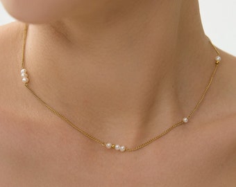 Tiny Pearl Bead Necklace 18k Gold  • Pearl Station Neckalce • Pearl Necklaces For Women • Bridesmaid Gift
