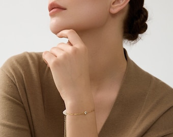 18k Gold Paperclip Chain Bracelet: Solitaire CZ Diamond, Thin Layering