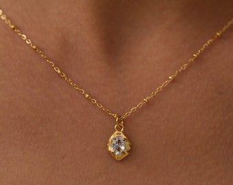 18K Gold Plated Nugget Pendant Necklace: Cubic Zirconia Charm