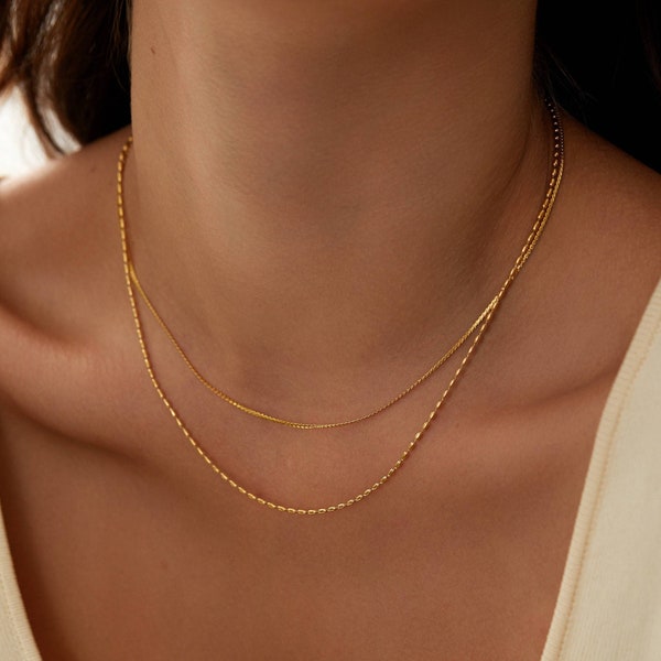 18k Gold Dünnes Ketten-Halsketten-Set • Layer-Halskette • Stapelketten • Sommerschmuck • Halsketten-Set • Goldketten-Halskette • Geschenk für Sie