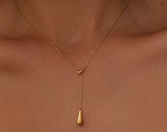 18K Gold Teardrop Lariat Necklace • Simple Necklace • Minimalist Necklace • Everyday Necklace • Drop Necklace • Gift For Her