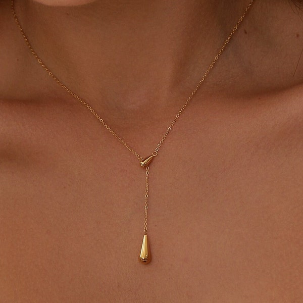 18K Gold Teardrop Lariat Necklace • Simple Necklace • Minimalist Necklace • Everyday Necklace • Drop Necklace • Gift For Her