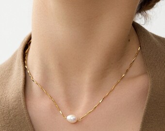 18k Gold Twist Chain Necklace Large Pearl • Dainty Pearl Necklace • Pearl Necklace •  Pearl Necklace Gifts • Jewelry Pearl Necklace • Gift