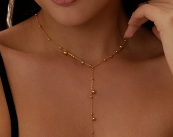 Gold Bead Floating Lariat Necklace • 18k Gold Plated