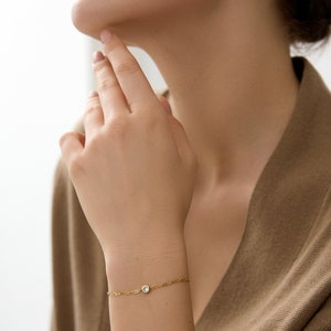 18k Gold Paperclip Chain Bracelet Solitaire CZ Diamond Thin Layering Bracelet Link Chain Bracelet Bracelet For Women Gift For Her image 2