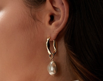 Baroque Pearl Earrings 18K Gold • Artsy Earrings • Gold Hoop Earrings • Pearl Dangle Earrings
