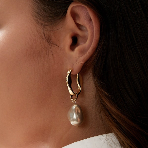 Baroque Pearl Earrings 18K Gold • Artsy Earrings • Gold Hoop Earrings • Pearl Dangle Earrings
