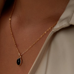 Black Agate Necklace: 18k Gold Pendant, Stainless Steel Chain