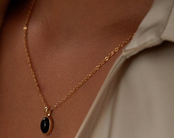 18K Gold Oval Black Agate Drop Necklace • Pendant Necklaces • Necklace Black Pendant • Gold Chain • Necklace Chains • Drop Necklace
