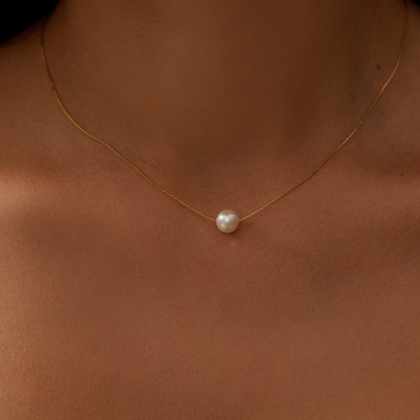 18K Gold Solitär Perlenkette • Minimalistische Halskette • Zierliche Perlenkette • Brauthalskette • Süßwasserperle • Geschenk für Sie