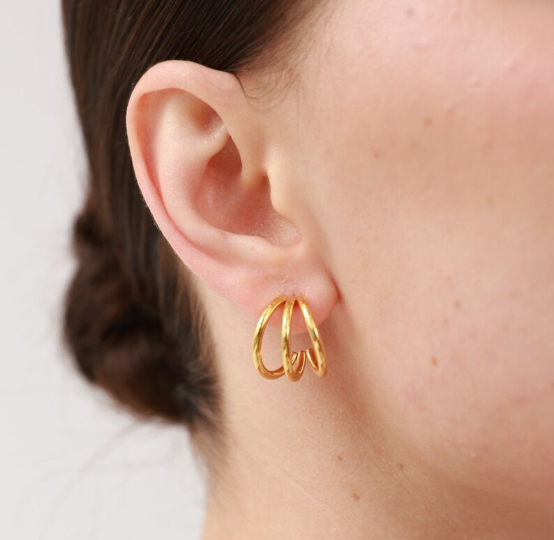 Triple Hoop Earrings In Gold Open Hoop Studs Thin Hoops Minimalist Hoop Earrings Delicate Earrings Gifts For Her image 2