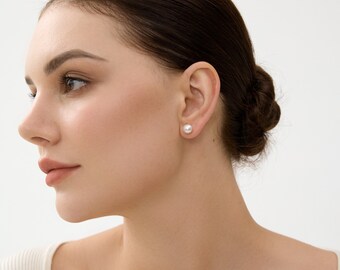 Tiny Pearl Earrings • 18K Gold Push Back Earrings • 8mm 10mm Pearl Studs • Bridal Jewelry