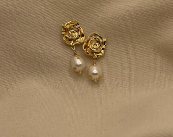 18K Gold Camellia Pearl Earrings • Petal Pearl Earrings • Gold Pearl Earrings • Pearl Dangle Earrings • Bridal Jewelry