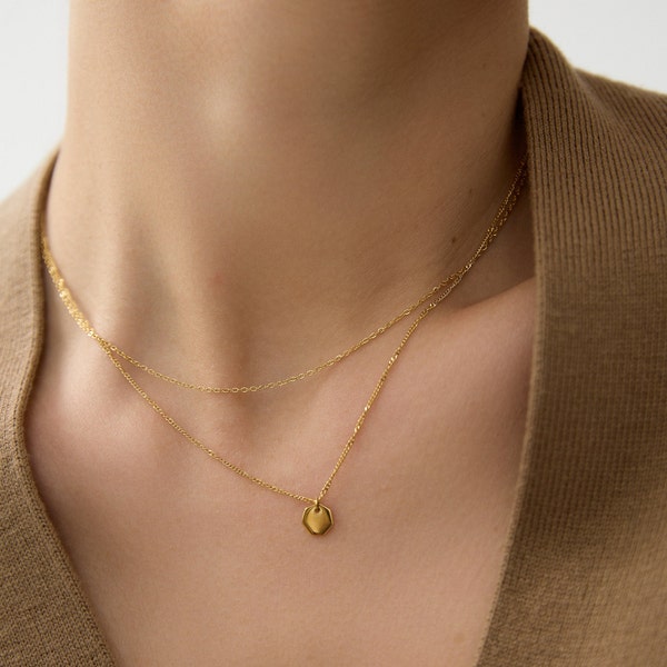Petit collier double épaisseur en or 18 carats • Collier minimaliste • Superposition de colliers • Bijoux de tous les jours • Cadeau pour elle • Petit pendentif