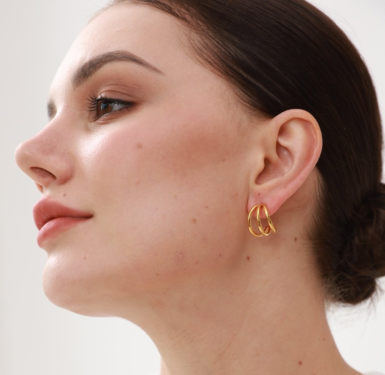 Triple Hoop Earrings In Gold Open Hoop Studs Thin Hoops Minimalist Hoop Earrings Delicate Earrings Gifts For Her image 4