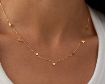 18K Gold Star Station Necklace: Dainty Celestial Jewelry