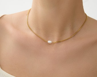 18k Gold Dual-End Pearl Necklace • Curb Chain • Gold Necklaces • Pearl Necklace Gifts • Gift For Her • Christmas Gift • Pearl Necklace Gold