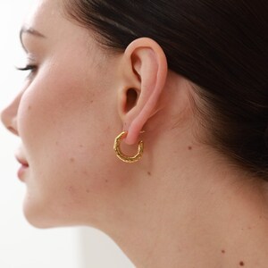 Hammered Hoop Earrings 18K Gold Hexagon Huggie Earrings Gold Huggie Earrings Vintage Earrings Tiny Gold Hoops image 3