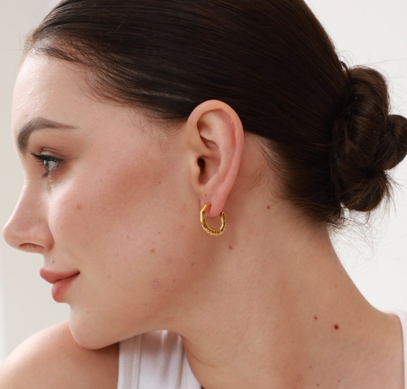 Hammered Hoop Earrings 18K Gold Hexagon Huggie Earrings Gold Huggie Earrings Vintage Earrings Tiny Gold Hoops image 1