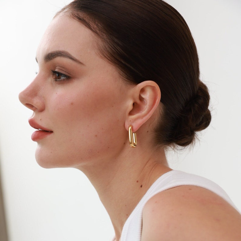 Large Rectangle Hoops 18K Gold Chunky Gold Hoops Geometric Earrings Statement Earrings Gifts For Her image 1