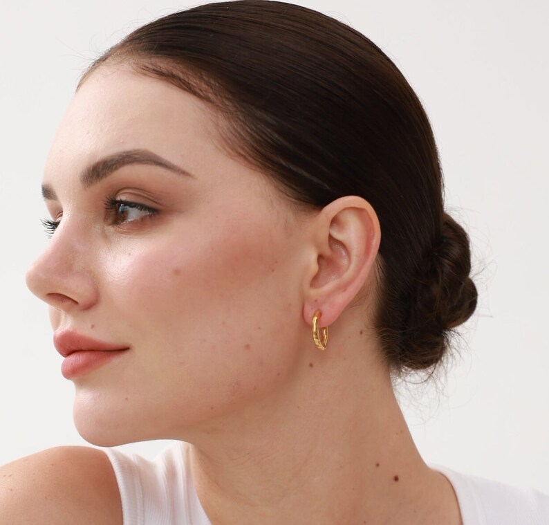 Hammered Hoop Earrings 18K Gold Hexagon Huggie Earrings Gold Huggie Earrings Vintage Earrings Tiny Gold Hoops image 4