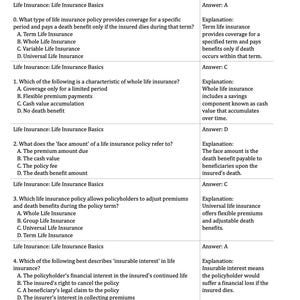 May include: A page from a study guide titled "Life and Health Insurance Practice Questions." The document presents multiple-choice questions and answers related to life insurance basics, including term life, whole life, and universal life insurance.