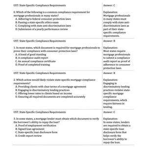 May include: A white document titled "Safe Test MLO Questions" with multiple-choice questions and answers related to mortgage compliance. The document includes explanations and is labeled "Page 1 of 259."