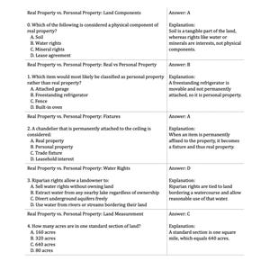 May include: A page from a real estate exam practice questions document. The document is white with black text, and includes questions on real property, personal property, and land measurement. The document is titled "CA Real Estate Exam Practice Questions".