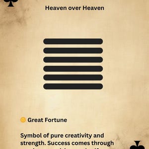 May include: Ace of Spades card with the text "1. QIAN WEI TIAN" and "Heaven over Heaven". The card features a symbol of six horizontal black lines and the words "Great Fortune" and a description of the symbol.
