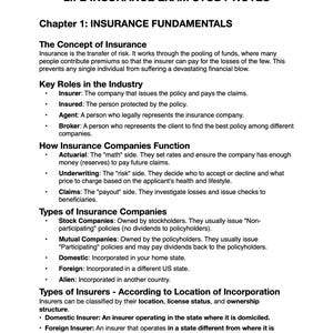 May include: A page from a study guide titled "LIFE INSURANCE EXAM STUDY NOTES." The text covers insurance fundamentals, key industry roles, company functions, and types of insurance companies. The page is from a "Little star" publication.