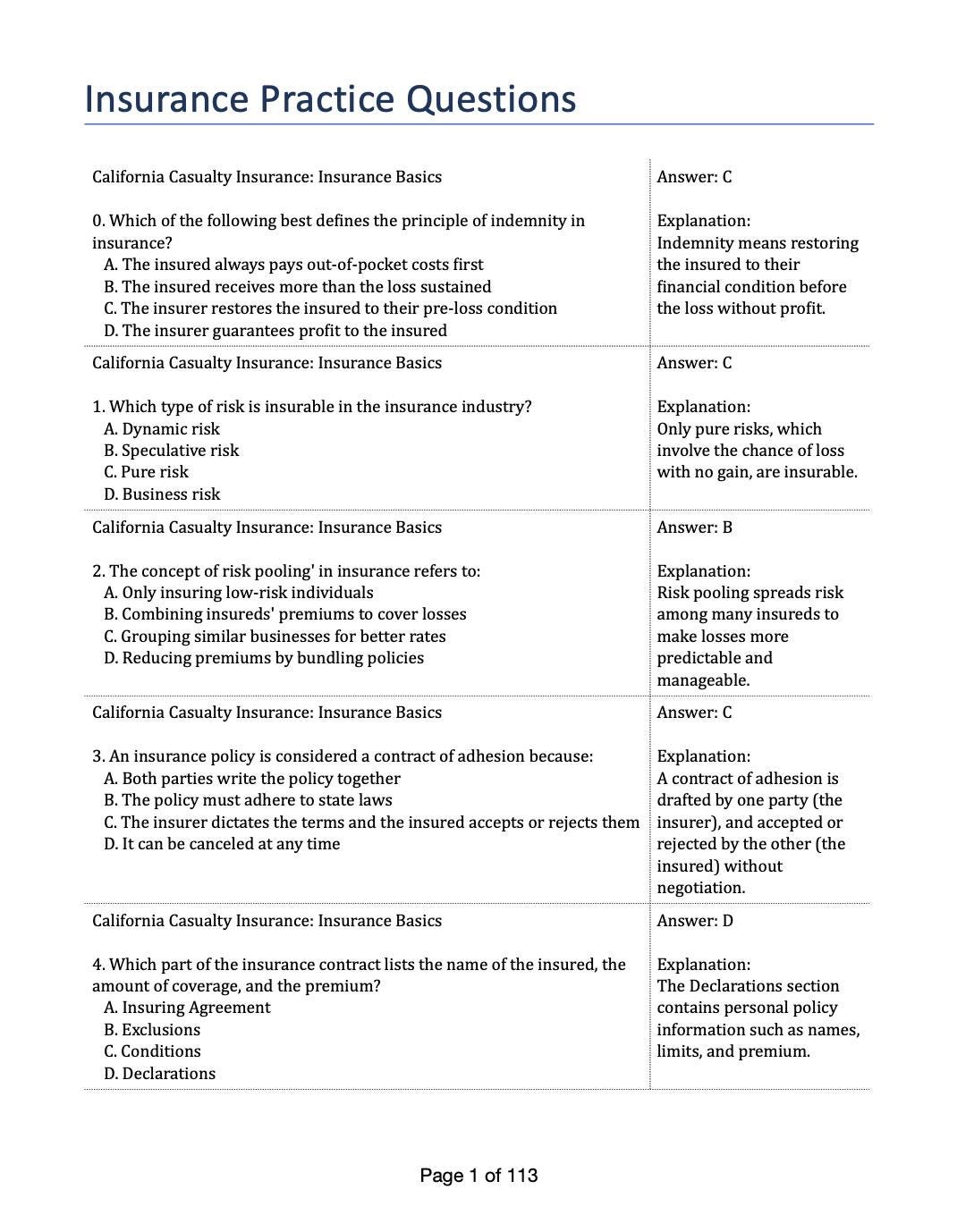 CA Property and Casualty Insurance License ~600 Practice Questions With Explanation, Printable ...