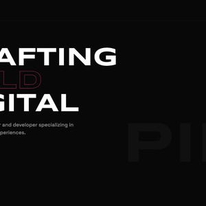 May include: A website landing page with a black background and white and pink text. The text reads "CRAFTING BOLD DIGITAL" and "Independent designer and developer specializing in hyper-visual brand experiences." A pink button says "Get in Touch."
