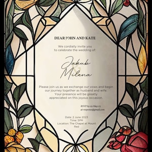 Blumen Glasmalerei Rahmen Digitale Hochzeitseinladung - Handgefertigt und Anpassbar