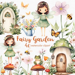 Fairy Garden Clipart, Wildflowers, honey bees and a frog, 40 png files with Transparent Background, red mushroom, INSTANT DOWNLOAD